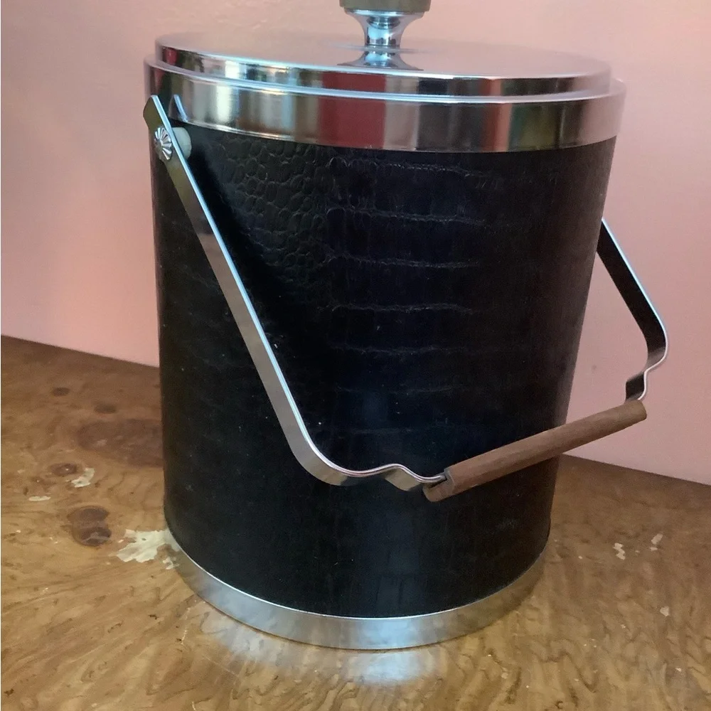 Vintage Retro Kromex Ice Bucket Faux Leather & Chrome Mid Century Modern -Read